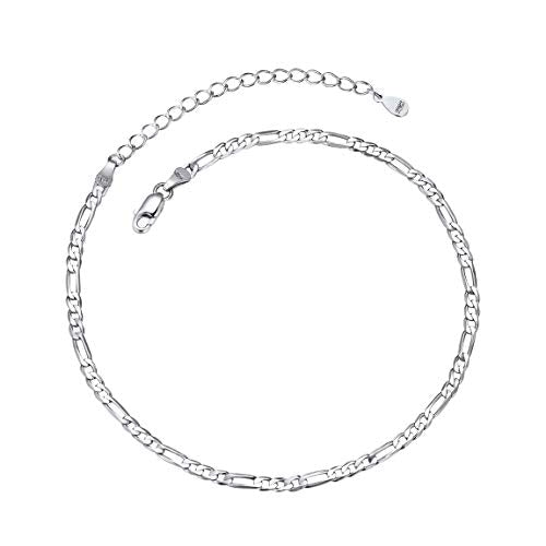 ChainsPro Resizable Anklet Chain for Women Men, Figaro/Wheat/Twist Rope/Cuban Foot Bracelet-Strong with Good Clasp-18K Gold Plated(Send Gift Box) - color: 05:Silver Figaro-3mm