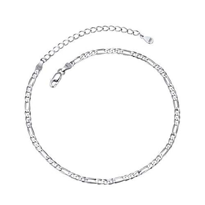 ChainsPro Resizable Anklet Chain for Women Men, Figaro/Wheat/Twist Rope/Cuban Foot Bracelet-Strong with Good Clasp-18K Gold Plated(Send Gift Box) - color: 05:Silver Figaro-3mm