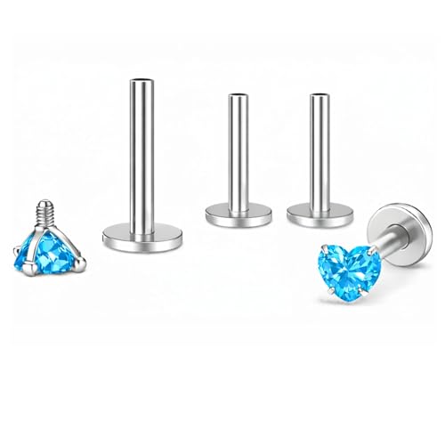 Titanium Heart CZ Labret Stud Earrings for Piercings by Ginger Lyne 6Pc Set G23 Screw Front Flat Back Body Jewelry 2 pair post 6mm, 8mm Cartilage, Helix, Tragus, Lip, Conch, Lobe - color: 3mm-Blue