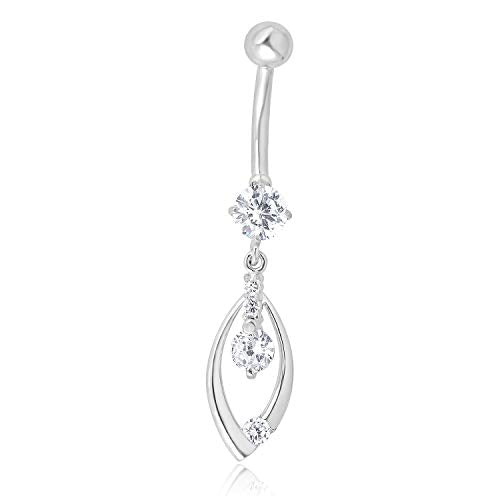 AVORA 10K Gold Simulated Diamond CZ Dangling Fancy Teardrop Belly Button Ring Body Jewelry (14 Gauge) - color: White Gold