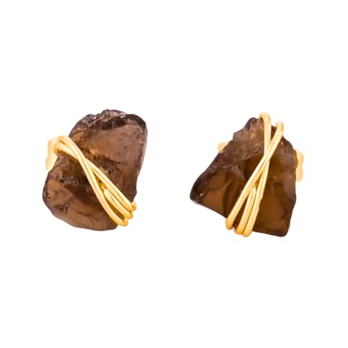 Gempires Wire Wrapped Raw Gemstone Stud Earrings for Women, Birthstone | Handmade wire-wrapped raw gemstone stud earrings — choose from stones and birthstones, artisan raw crystals on gold. - style: Smoky Quartz
