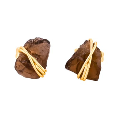 Gempires Wire Wrapped Raw Gemstone Stud Earrings for Women, Birthstone | Handmade wire-wrapped raw gemstone stud earrings — choose from stones and birthstones, artisan raw crystals on gold. - style: Smoky Quartz