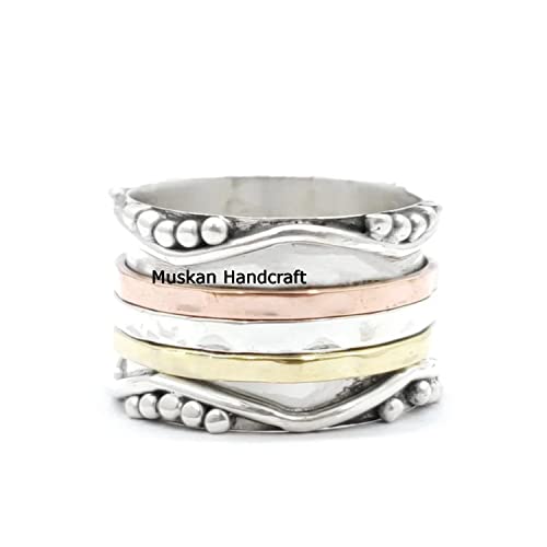 925 Sterling Silver 3 Tone Spinner Band Ring, Hammered Spin Yoga Ring, Spinning Dainty Ring, Unique Handmade Wedding Gifts Ring For Women