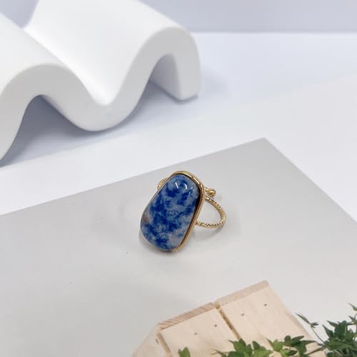 OIDIMS Gemstone Statement Ring for Women Gold-Tone Stainless Steel Natural Stone Rose Quartz Aventurine Turquoise Adjustable Open Band Stacking Finger Rings Boho Cocktail Wedding Party Jewelry - color: Blue Sodalite