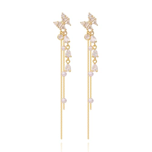 Long Pearl Tassel Drop Earrings Trendy, Gold Plated Dangle Cubic Zirconia Hypoallergenic Dainty Chain Bow Earrings for Women