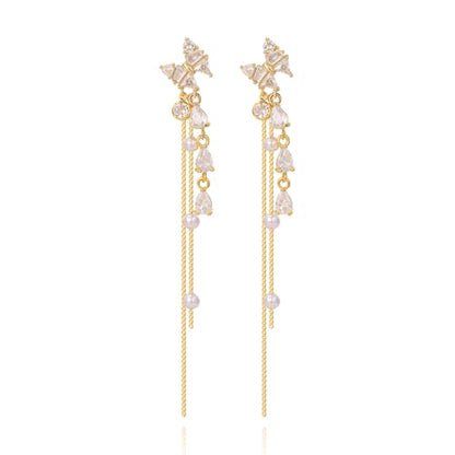 Long Pearl Tassel Drop Earrings Trendy, Gold Plated Dangle Cubic Zirconia Hypoallergenic Dainty Chain Bow Earrings for Women