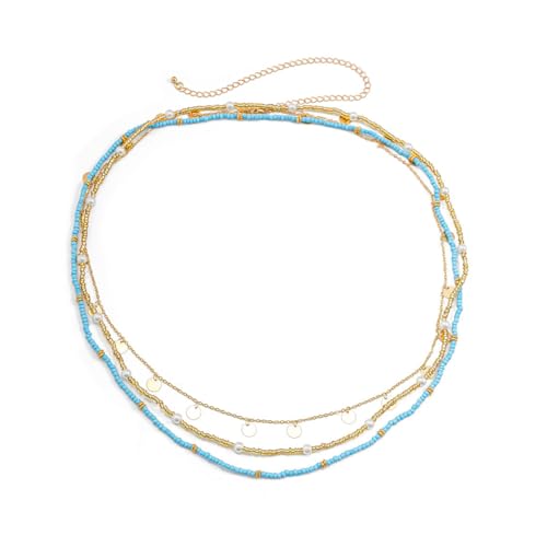 14K Gold Plated Belly Chain Layered Adjustable Waterproof Sparkling Sequin Body Chain Sparkling beads Sexy Bikini Waist Chain With Scalable Elastic Rope - Aqua Brown Golden - color: 3 Layers Aqua