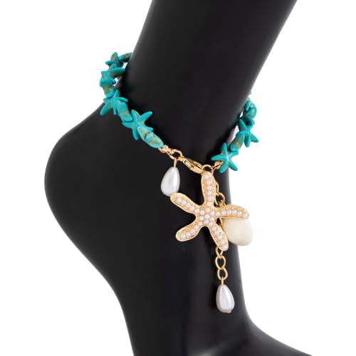 Gold Starfish Shell Pearl Charm Ankle Bracelet Summer Beach Foot Jewelry - color: Blue
