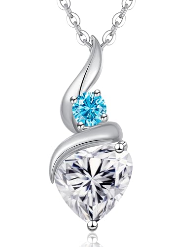 ANDSO Heart Moissanite Necklaces Birthday Jewelry Gifts for Women | S925 Silver /Gold Plating Birthstone Necklace, Ideal Anniversary Christmas Valentine Present for Mom Wife Her Girlfriend - style: Silver-2 Carat-Sky Blue