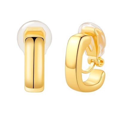 FAN&LOUIS Gold Clip On Earrings for Women，24K Gold Plated Chunky Hoop Earrings for Non-Pierced Ears Small Hypoallergenic Lightweight U Shaped Clip-On - style: Gold