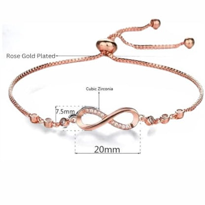 Nilu's Collection Infinity Shape Cubic Zirconia Diamond Bracelet for Women, Jewelry for Gift, Adjustable Charm Bracelet (Rose Gold Necklace + Bracelet) - color: Rose Gold