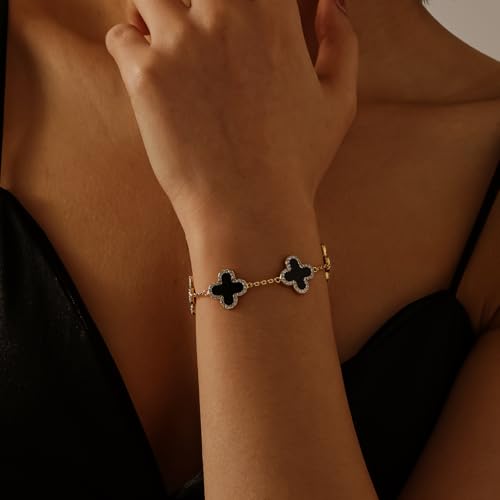 Qitian Clover Bracelet for Women 18K Gold Four Leaf Pink Lucky Link Clover Bracelets, Trendy Bracelets Set Jewelry Gifts for Women - color: C-Black