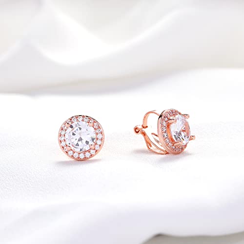 YOQUCOL 8MM Cubic Zirconia Crystal Clip On Stud Earrings Round Non Pierced Earrings for Women - color: Rose gold-White