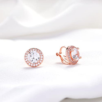 YOQUCOL 8MM Cubic Zirconia Crystal Clip On Stud Earrings Round Non Pierced Earrings for Women - color: Rose gold-White
