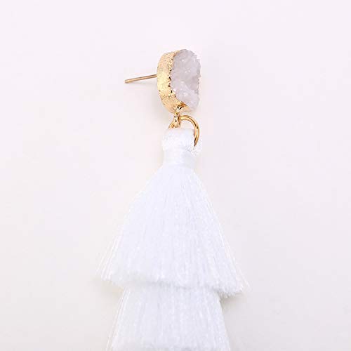 Bohemian Tiered Tassel Earrings with Druzy Stud for Women | Long Layered Fringe Drop Earrings, Statement Jewelry for Party Beach Festival - color: White