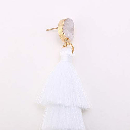 Bohemian Tiered Tassel Earrings with Druzy Stud for Women | Long Layered Fringe Drop Earrings, Statement Jewelry for Party Beach Festival - color: White