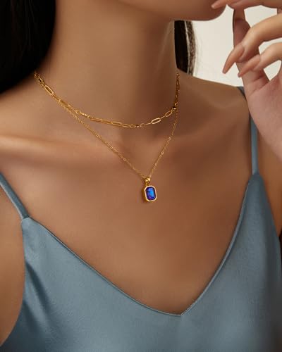 Gold Layered Necklaces for Women, 18k Gold Plated Crystal Necklace Paperclip Choker Emerald Green Jewelry for Women Gifts - color: Sapphire blue