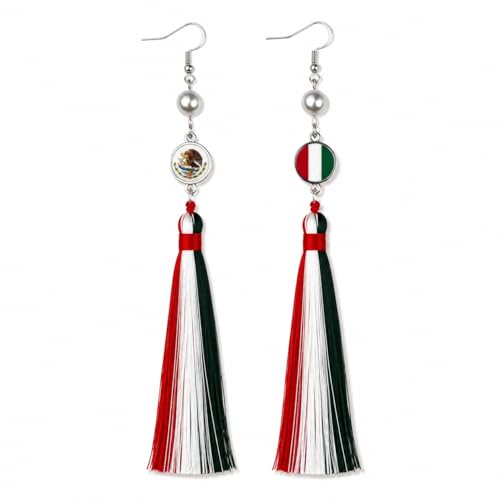 Handmade 925 Silver Plated Long Tassel Earring,Premium Flag Heritage Jewelry, Pride Patriotic Festival Gift For Women Party - color: Mexican Flag Style