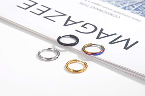 Black Hoop Earrings for Men 8mm 10mm 12mm – Surgical Stainless Steel Hypoallergenic Mens Small to Medium Hoop Earrings Set (3 Pairs) - style: C:4pairs,12mm,black+steel+rainbow+gold