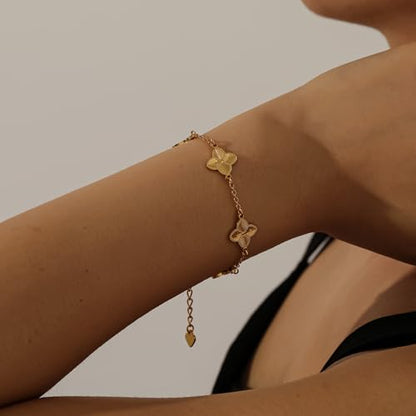 Qitian Clover Bracelet for Women 18K Gold Four Leaf Pink Lucky Link Clover Bracelets, Trendy Bracelets Set Jewelry Gifts for Women - color: E-Gold