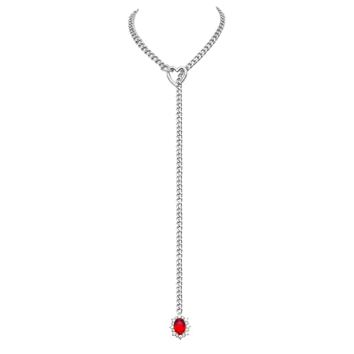 Women's Heart O-Ring Slip Chain Necklace, Double Layered Adjustable 39'' Cuban Chain with Detachable Heart Clasp and Colorful Rhinestone Pendant - color: 25'' Silver-Royal Red