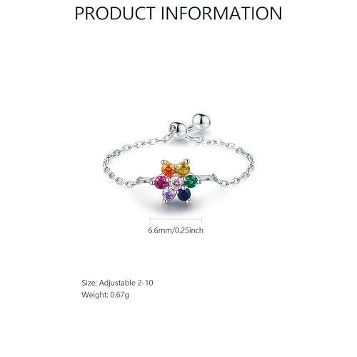 925 Sterling Silver Adjustable Link Chain Rings for Women Daughter | Dainty 14k Gold Plated Evil Eye/Cross/Flower Ring Sparkly Twist Rope with Bead Dangle Stackable Ring Jewelry Birthday Gifts - color: Style 6-Rainbow
