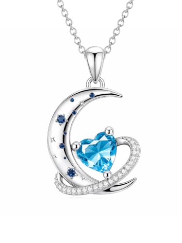 Birthstone Necklace for Women White Gold Moon and Star Pendant Moon Jewelry Anniversary Birthday Gifts for Mom Wife Her - color: 03. March - Aquamarine
