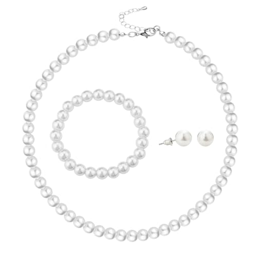 Simulated Pearl Jewelry Set Glass Imitation Pearls Choker Necklace Stud Earrings Elastic Bracelet Costume Jewelry for Women - color: White