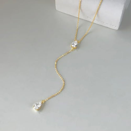 Luxval Diamond Pendant Gold Necklace for Women，Dainty 18k Gold Plated Choker Necklaces Simple Gold Jewelry Gifts for Women - color: Gold-Y teardrop