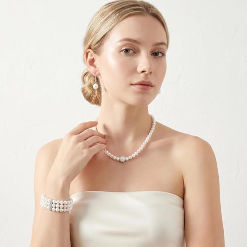 5Pcs Faux Pearl Jewelry Set for Women Adult Pearls Costume Jewelry Simulated Rhinestone Necklace Earrings Bracelet Set for Wedding Mother's Day Bridal Shower Party Accessories