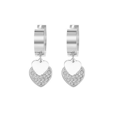 Women's Huggie Hoop Earrings with Small Cute Charm - style: Silver Two Hearts