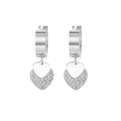 Women's Huggie Hoop Earrings with Small Cute Charm - style: Silver Two Hearts