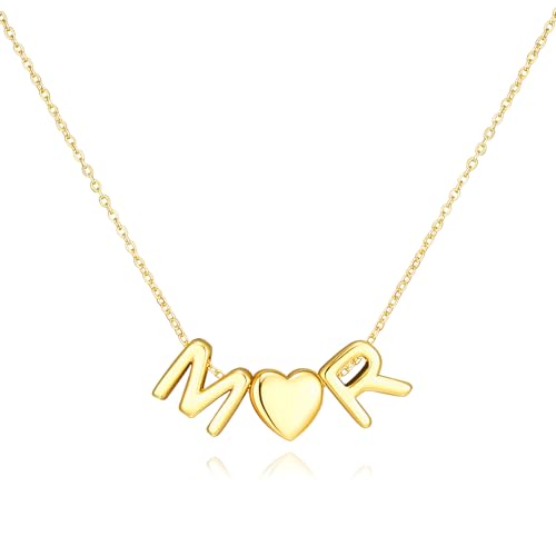 adoyi Initial Necklaces for Women 14k Gold Plated Layered bubble Letter Necklace Dainty Heart A-Z Pendant Necklace Initial Necklaces Stack Birthday Gifts for Women Jewelry - color: Gold-Heart, style: M+R