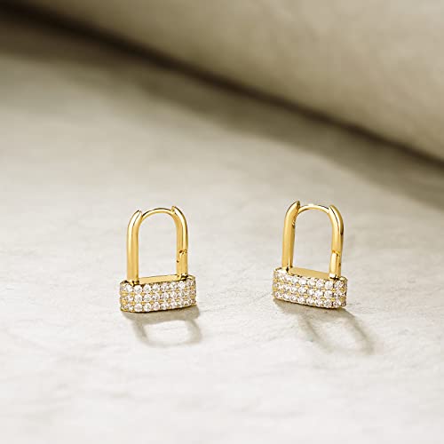 Huggie Hoop Earrings 14K Gold Plated Cubic Zirconia Dainty Simple Cute Beads Elegant CZ Circle Small Hoop Earring for Women Minimalist Handmade Hypoallergenic Jewelry - color: CZ-Lock