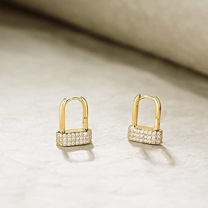 Huggie Hoop Earrings 14K Gold Plated Cubic Zirconia Dainty Simple Cute Beads Elegant CZ Circle Small Hoop Earring for Women Minimalist Handmade Hypoallergenic Jewelry - color: CZ-Lock