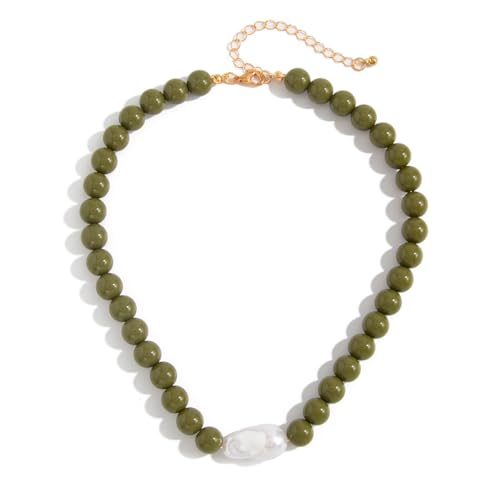 Colorful Faux Baroque Pearl Resin Beaded Choker Necklace Summer Tropical Jewelry for Women - color: Olive Green