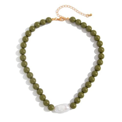 Colorful Faux Baroque Pearl Resin Beaded Choker Necklace Summer Tropical Jewelry for Women - color: Olive Green