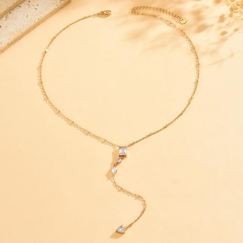Lariat Necklaces for Women 18K Gold Plated Cubic Zirconia Heart Necklaces Dainty Star Lightning Sun and Moon Necklace Trendy Y Shaped Drop Diamond Necklace - color: 4 CZ Y Necklace-GD