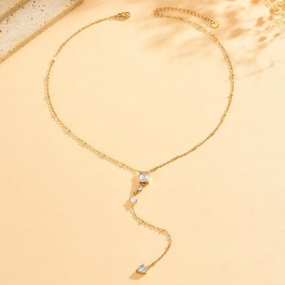 Lariat Necklaces for Women 18K Gold Plated Cubic Zirconia Heart Necklaces Dainty Star Lightning Sun and Moon Necklace Trendy Y Shaped Drop Diamond Necklace - color: 4 CZ Y Necklace-GD