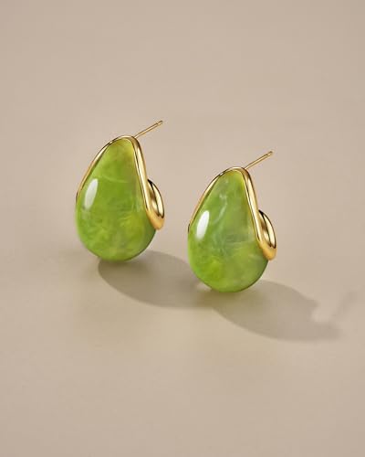 SNGIA Oval C Shape Chunky Dangle 18K Gold Plated Hoops with Colored Resin Gemstone Statement Earrings for Women by SNGIA, (Green, Brown, Blue, Pink, White, Cream), Long Bold Drop Handmade Exaggerated Irregular Trendy Bohemian Jewelry Gifts, Unique Danglin