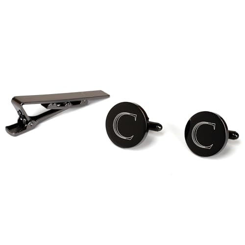 Mens Initial Cufflinks and Tie Clip A-Z Alphabet Letter Black Stainless Cuff Links Tie Bar with Engraved Walnut Wood Box Groom Groomsman Wedding Set - style: Classic-C