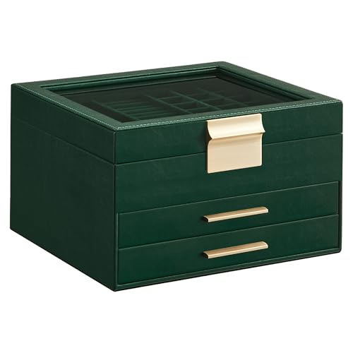 SONGMICS GISELLA Collection - Jewelry Box Organizer, 3-Layer Jewelry Storage with 2 Drawers, Shiny Metal Hardware, Glass Lid, Modern, 8 x 9.1 x 5.3 Inches, Forest Green and Gold Color UJBC239C01 - color: Forest Green + Gold, size: 3 Layer (8"d X 9.1"w)