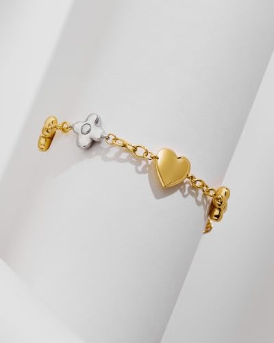 Two Tone Heart Charm Bracelet for Women, Adjustable Cute Bracelets with Heart/Clover Charms, Trendy Love Bracelet for Daily Wear Mixed Metal Jewelry Valentines Day Gift - style: Heart＆Clover