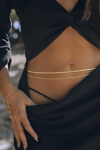 14K Gold Plated Layered Body Waist Chain for Women | Layered Waist Chain with CZ Heart and Pearl Pendant, Belly Chain Belt Jewelry for Women, Bikini Summer Beach Wear - style: Box & Square Waist Chain