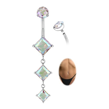 GAGABODY G23 Titanium Dangly Belly Button Ring Long Belly Rings Belly Piercing Jewelry 14G 3/8 inch 10mm Navel Barbell CZ Navel Piercing Ring - color: Style1:Silver+Dangle Square Shape Clear ABCZ