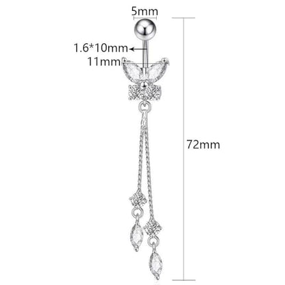 14G CZ Butterfly Tassel Dangle Belly Button Rings for Women Hypoallergenic Stainless Steel Navel Ring 3/8 Inch Belly Piercing Barbell Dainty Navel Piercing Jewelry - color: Gold