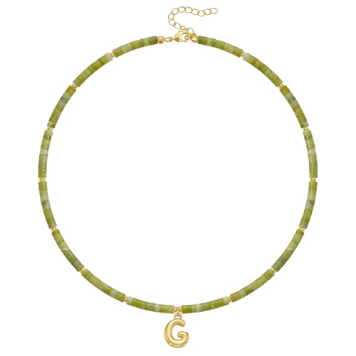 KELORIS PATH Beaded Initial Necklace for Women, 14K Gilded Plated Bubble Letter Pendant Natural Handmade Stone Choker Boho Colorful Summer Beach Jewelry Gift - color: Green Aventurine, style: Letter G
