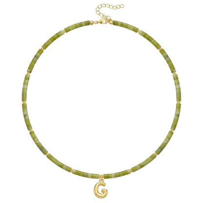 KELORIS PATH Beaded Initial Necklace for Women, 14K Gilded Plated Bubble Letter Pendant Natural Handmade Stone Choker Boho Colorful Summer Beach Jewelry Gift - color: Green Aventurine, style: Letter G