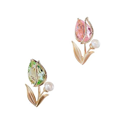 Elegant Floral Brooch Pins for Women, Crystal Pearl Rhinestone CZ Flower Lapel Pin Wedding Party Exquisite Brooches and Pins for Women Ladies - color: Pink+Green 2PCS