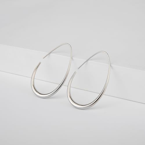 Lightweight Teardrop Hoop Earrings for Women - 14k Gold/White Gold Plated Large Oval Pull Through Hoop Earrings High Polished Statement Jewelry Gift for Women - color: Sliver 50*30